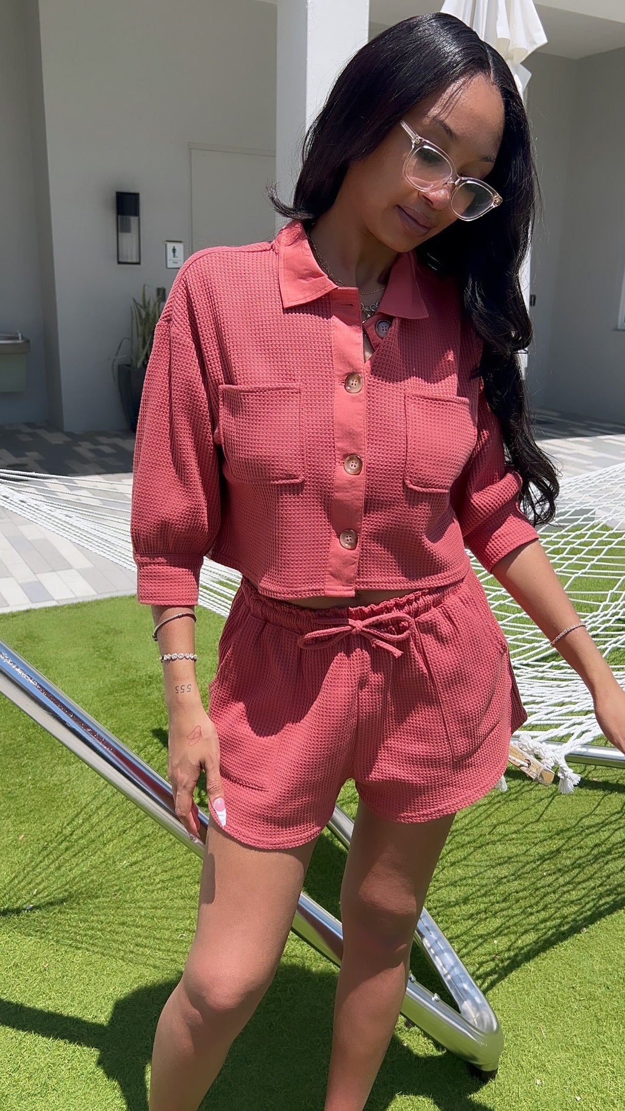 WAFFLE KNIT BUTTON DOWN MATCHING SET